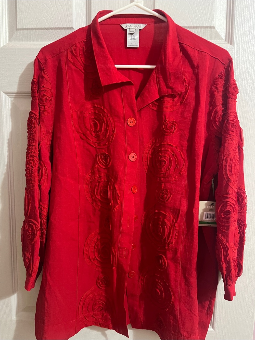 John Mark Red Button-Front Floral Appliqué Shirt